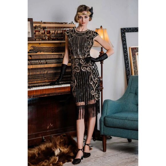 Black & Gold 1920s Sequined Flapper Dress – Size L (New Without Tags) - Picture 1 of 13